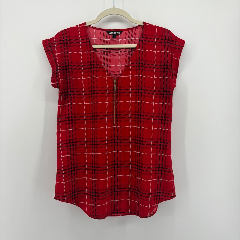 Express Womens Small Red Plaid Blouse Quarter Zip Short Sleeve V-Neck Top